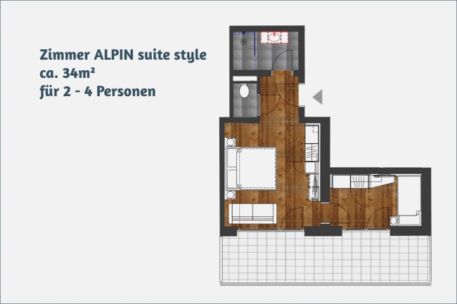 Zimmer ALPIN suite style ca. 34m² für 2 - 4 Personen